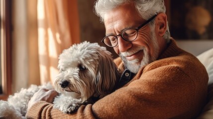 In the cozy, sun-filled room at home, a senior man and his dog share a heartwarming smile.