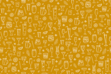 Seamless pattern with acoholic and non-acoholic cocktail with lemon slices, mint, ice cubes, straw. Great for decoration interior, print posters, banner, menu design, packaging. Doodles