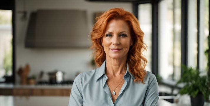 Confident stylish mature mid aged short redhead woman standing at her modern home kitchen. Generative AI.