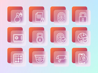Set line Lock, Security camera, Fingerprint, Bomb and Document and lock icon. Vector