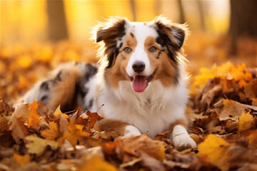 Young cute dog laying on yellow fallen leaves in autumn