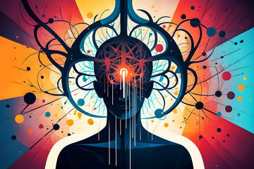 The power of the mind. Spiritual energy, aura, mental health. Colorful, abstract, psychedelic illustration with a silhouette of a man. - obrazy, fototapety, plakaty