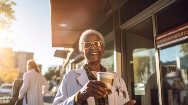 Multicultural senior doctor smiles outdoors with coffee.
