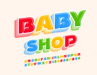 Vector playful logo Baby Shop. 3D colorful Font. Creative Alphabet Letters and Numbers set