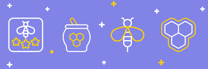 Set line Honeycomb, Bee, Jar of honey and dipper stick and Type bee icon. Vector