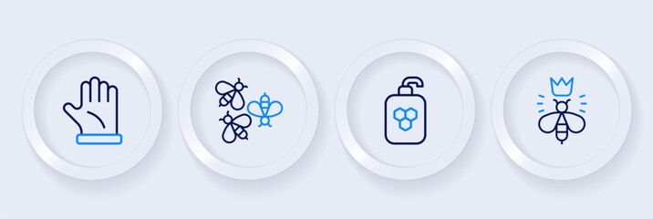 Set line Queen bee, Cosmetic tube with honey, Bees and Beekeeper glove icon. Vector