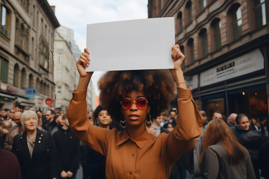 Black woman in the streets protesting, holding a sign