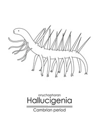 Hallucigenia, a Cambrian period creature, black and white line art illustration. Ideal for both coloring and educational purposes