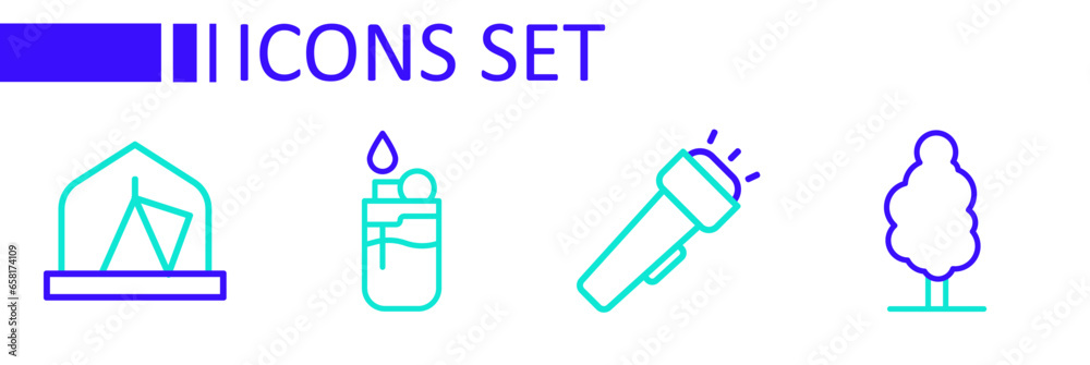 Sticker Set line Tree, Flashlight, Lighter and Tourist tent icon. Vector