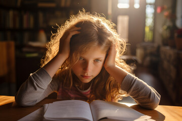 Sad tired schoolgirl doing homework. Little child struggling with her assignment. Education, school, learning difficulties concept. - obrazy, fototapety, plakaty
