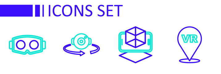 Set line Virtual reality, 3d modeling, 360 degree view and glasses icon. Vector