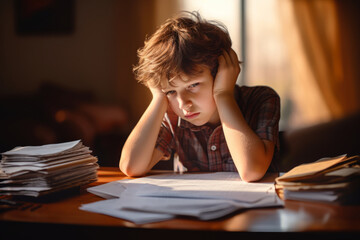 Sad tired schoolboy doing homework. Little child struggling with his assignment. Education, school, learning difficulties concept. - obrazy, fototapety, plakaty