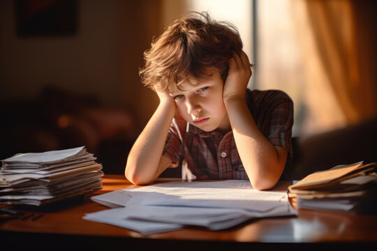 Sad tired schoolboy doing homework. Little child struggling with his assignment. Education, school, learning difficulties concept.