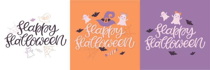 Fototapeta na wymiar Cute lettering about Happy halloween. Halloween party - Trick or Treat. Halloween invitation. Lettering art for poster, web, banner, t-shirt design.