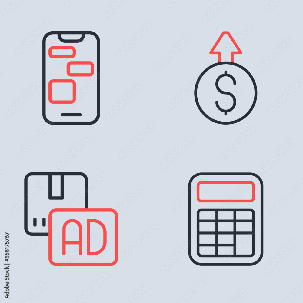 Poster Set line Financial growth dollar, Advertising, Calculator and Mobile 24 hours support icon. Vector