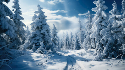 Feeling the nature and weather, snowy trail surrounded by snowy pines in the midst of the mountains