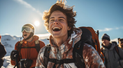 Portrait of a young man and his friends walking up a ski slope laughing and enjoying the moment - obrazy, fototapety, plakaty