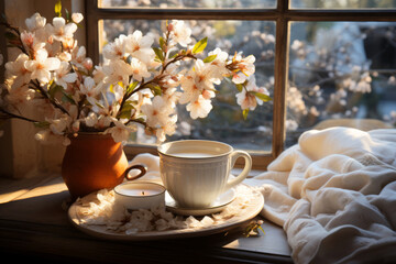 Cozy warm spring composition with cup of hot coffee or chocolate, cozy blanket and blossoming cherry branches on sunny spring day. Spring home decor. Easter. - obrazy, fototapety, plakaty