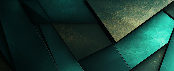 Black dark bottle green teal jade abstract background. Geometric shape. 3d effect. Triangle polygon line angle. Color gradient. Folded origami mosaic. Rough grain grungy. Brushed matte shimmer. Design - obrazy, fototapety, plakaty