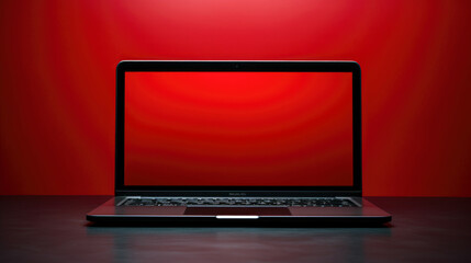 Laptop with vibrant red empty screen placed on a black table in front of a red wall copy space