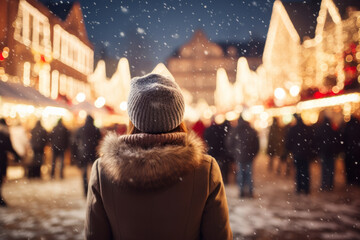 Beautiful girl having wonderful time on traditional Christmas market on winter evening. Young woman...