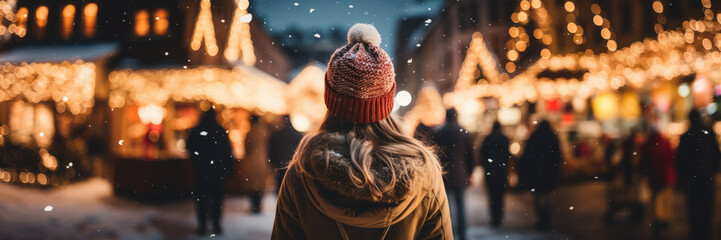 Beautiful girl having wonderful time on traditional Christmas market on winter evening. Young woman enjoying herself in Christmas town decorated with lights. - obrazy, fototapety, plakaty