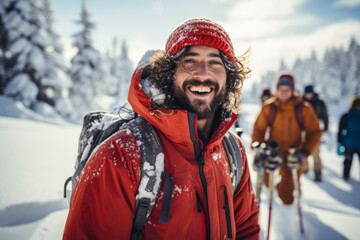 Portrait of a young man, a skier enjoying with friends winter sports - obrazy, fototapety, plakaty