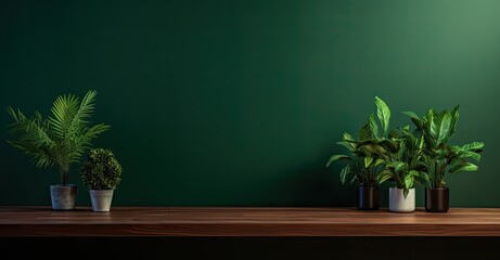 Empty wooden table with light reflection on green wall background