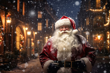 Santa Claus having wonderful time on traditional Christmas market on winter evening. Father...