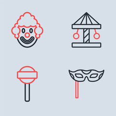 Set line Attraction carousel, Lollipop, Festive mask and Clown head icon. Vector