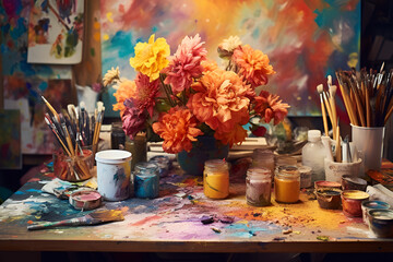 still life with brushes and paints