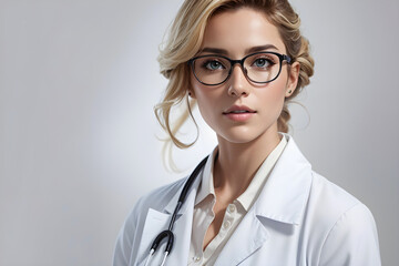 A Beautiful Lady Doctor with blue eyes and blonde hair wearing black spectacles and white uniform with a Stethoscope on her shoulder looking at the camera..