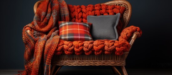 Grandma s knitted plaid on a wicker chair at home
