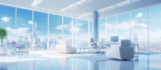 Fototapeta na wymiar Modern Office Space with Spacious Windows and Stylish Blue Furniture, Minimalistic Design, Copy Space