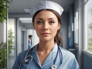 A picture of an attractive Staff Nurse with brown eyes and golden brown hair in her blue uniform in an hospital environment looking into the camera..