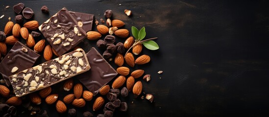 Handcrafted dark chocolate bars with almonds on a black background top view