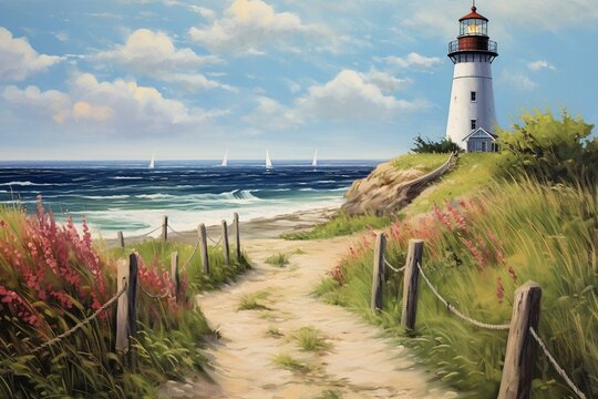 Painting of lighthouse by beach with path, fence, and water. Generative AI