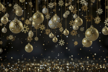 Fototapeta na wymiar Festive luxury Christmas decoration with golden stars, balls and confetti on dark background, perfect for festive events and promotional materials, space for text