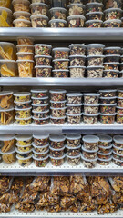 Dried fruits and nuts displayed at the grocery store
