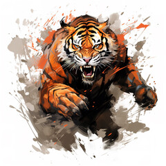 Image of digital painting an angry tiger on a white background. Wildlife Animals. Illustration, Generative AI.