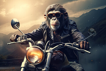 Fototapeta na wymiar Image of cool chimpanz monkey wearing sunglasses is riding a chopper motorcycle. Animal., Illustration, Generative AI.