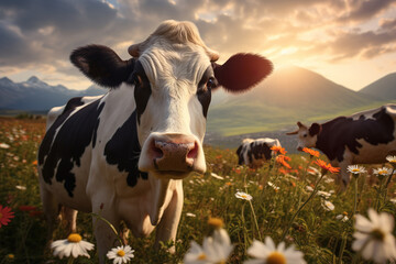 Image of a flock of cow on a natural background. Farm Animals. Illustration, Generative AI.