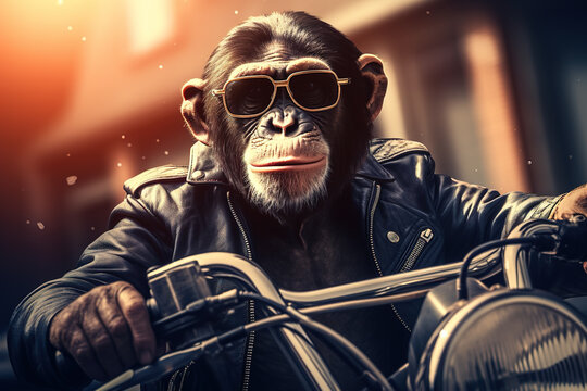 Image of cool chimpanz monkey wearing sunglasses is riding a chopper motorcycle. Animal., Illustration, Generative AI.