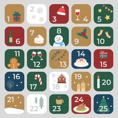 Christmas elements advent calendar vector illustration with Christmas tree, stars, candy cane, gifts, snowflakes, snowman, gingerbread, turkey, cake, wine, candle, house.