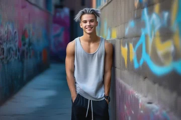 Photo sur Plexiglas Graffiti Smiling teenager pretty boy on a background of painted wall. Generative AI
