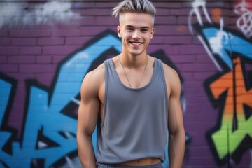 Naklejka na ściany i meble Smiling teenager pretty boy on a background of painted wall. Generative AI
