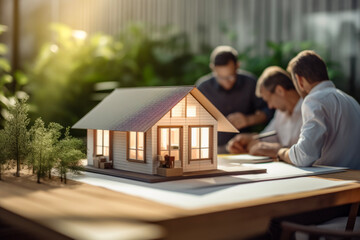 Close up 3D house on a modern table in the background of blurry customer signing a contract to buy a new house. Real estate concept for purchase and moving.