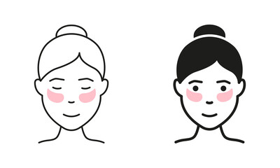 Face Anti-Aging Procedure, Girl Use Gel Patch Line and Silhouette Icon Set. Patches Under Eye Pictogram. Cosmetic Collagen Eye Patches Against Wrinkles Symbol Collection. Isolated Vector Illustration