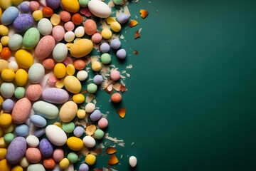 A colorful background with eggs and candy. Generative AI