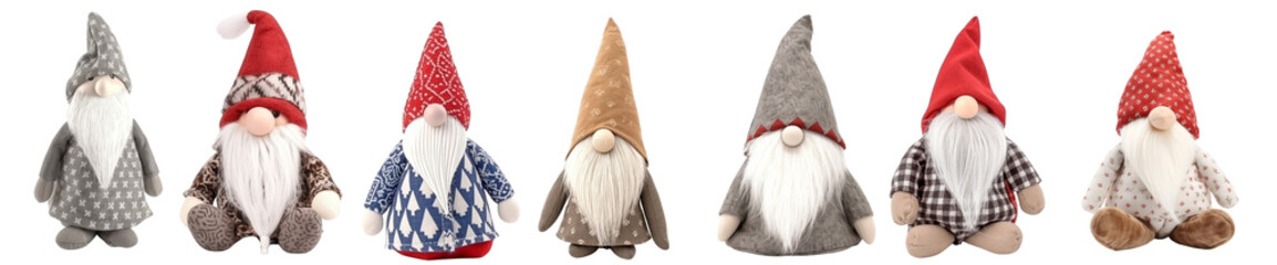 Set of Scandinavian Christmas gnomes isolated on transparent background, generative AI.